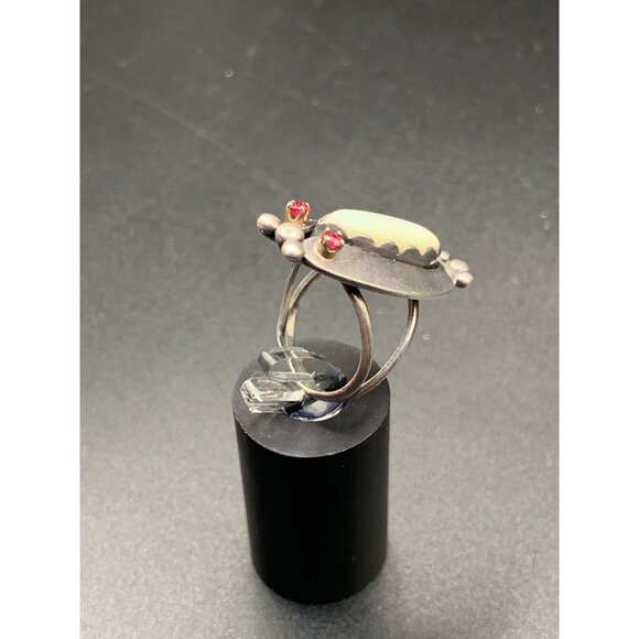 Sterling Silver MOP Native Ring Signed JN Size 5.75 Altered with 2 Added Rubies - Picture 7 of 9